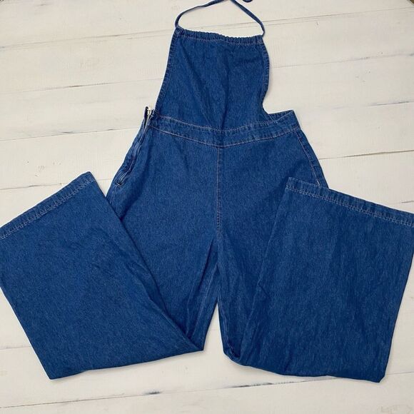 EZwear Size Large Solid Wide Leg Halter Top Denim Overalls Medium Wash - Picture 1 of 16
